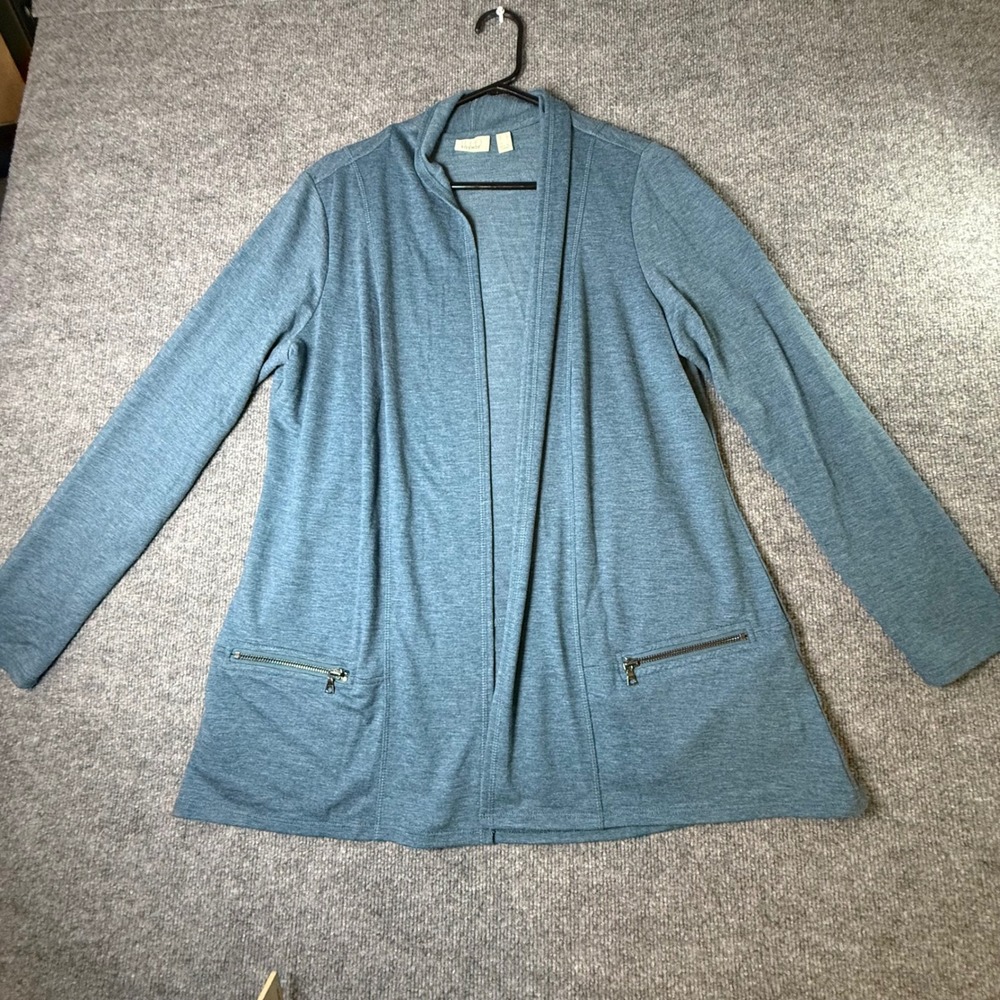Logo Lounge Womens Open Front Cardigan Blue Heathered Zip Pocket Size M